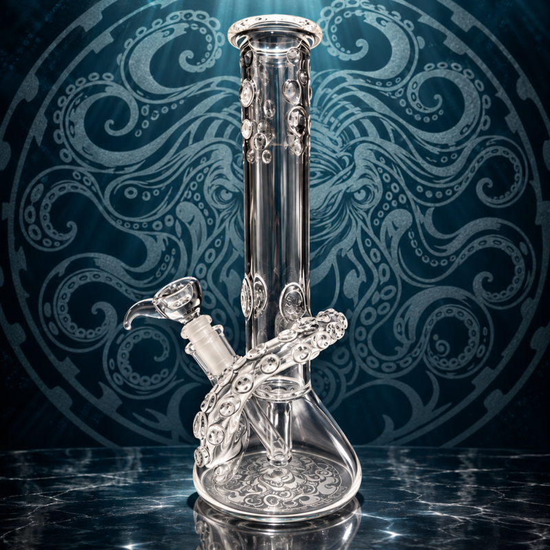 Home collector beaker with kraken etched backdrop